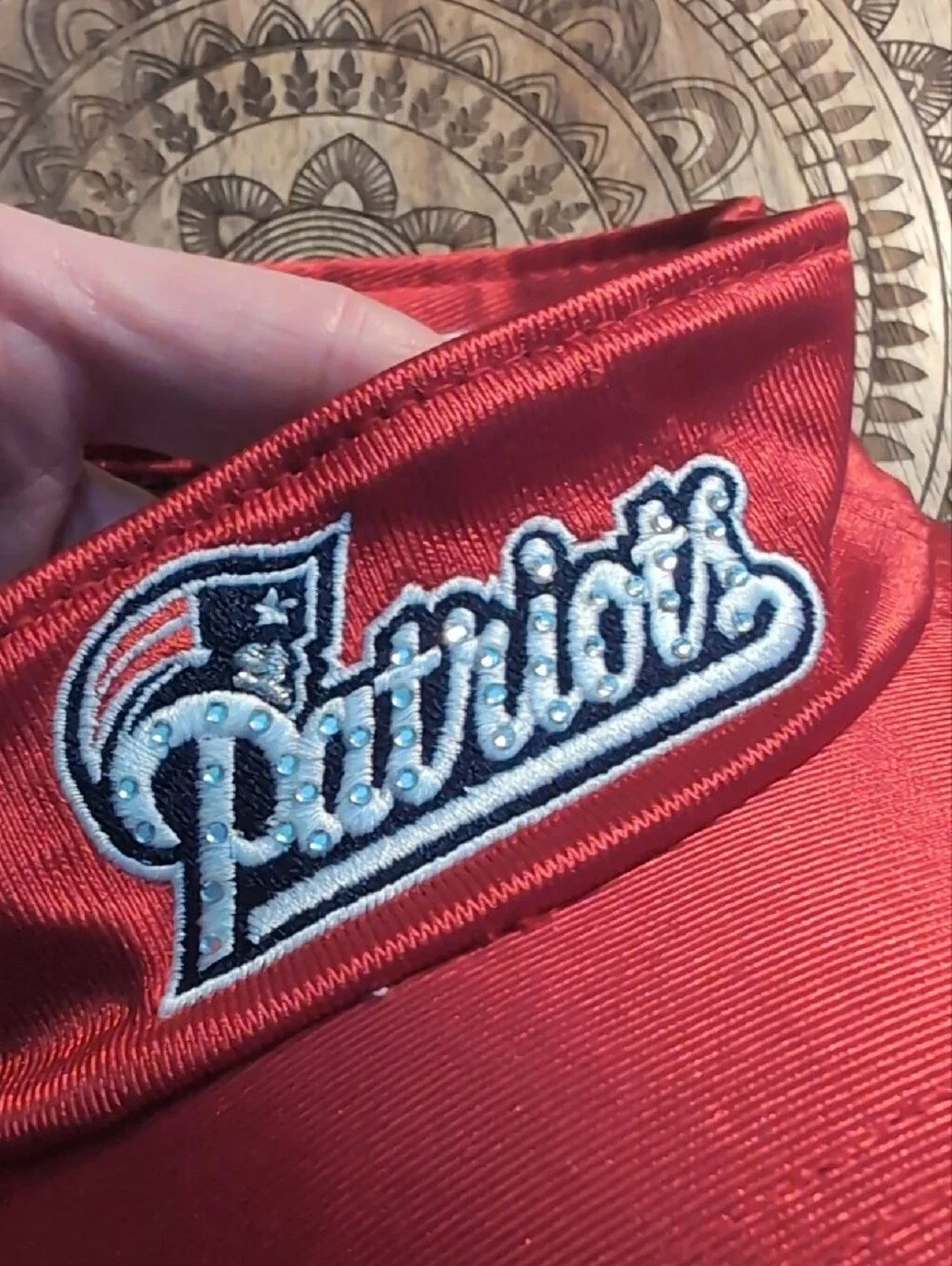 NFL Red Patriots Rhinestone Satin Embroidered Visor